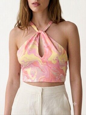 Sz S Zara Pink & Yellow Satin Marble Swirl Keyhole Strappy Cropped Halter Top